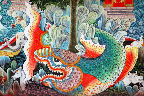 Fish in Traditional Thai style art painting on temple's wall