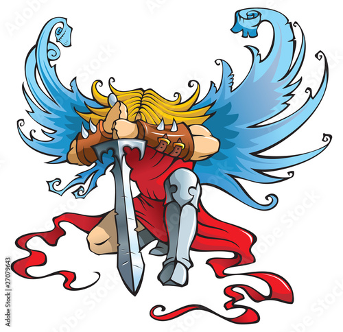 Angel with large sword, kneeling with open wings, vector