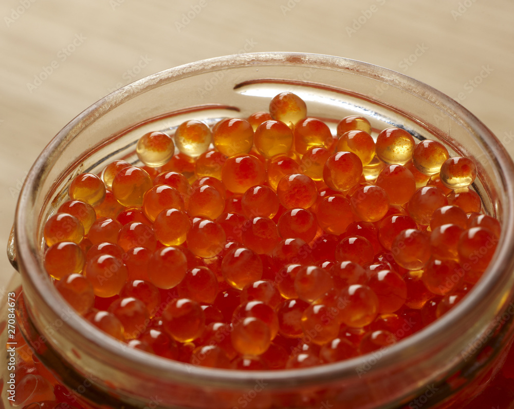 Pot of red fish roe in glass bowl Pot of red fish roe in glass bowl