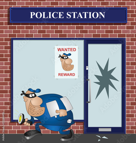 Wanted burglar breaking into a police station