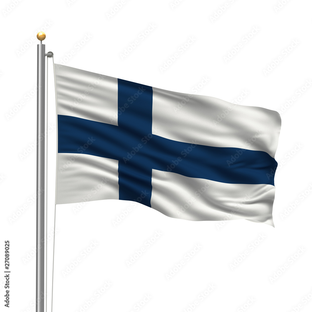 Flag of Finland waving in the wind in front of white background Flag of Finland waving in the wind in front of white background