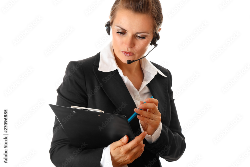 worried modern business woman with headset and clipboard worried modern business woman with headset and clipboard