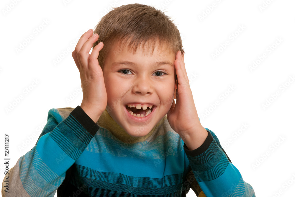 Happy boy in blue shirt isolated on white Happy boy in blue shirt isolated on white