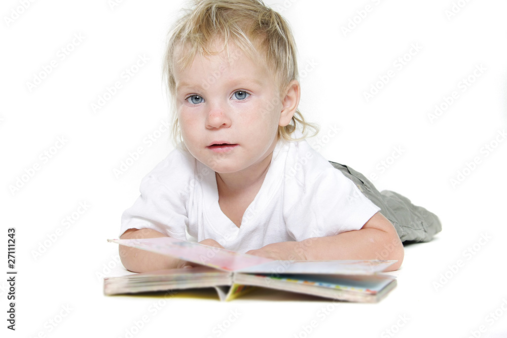 cute toddler reading book over white cute toddler reading book over white