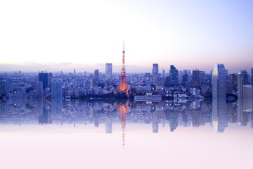 Wandcirkels Tokio Tokyo Tower spiegelt in water  © MP_P