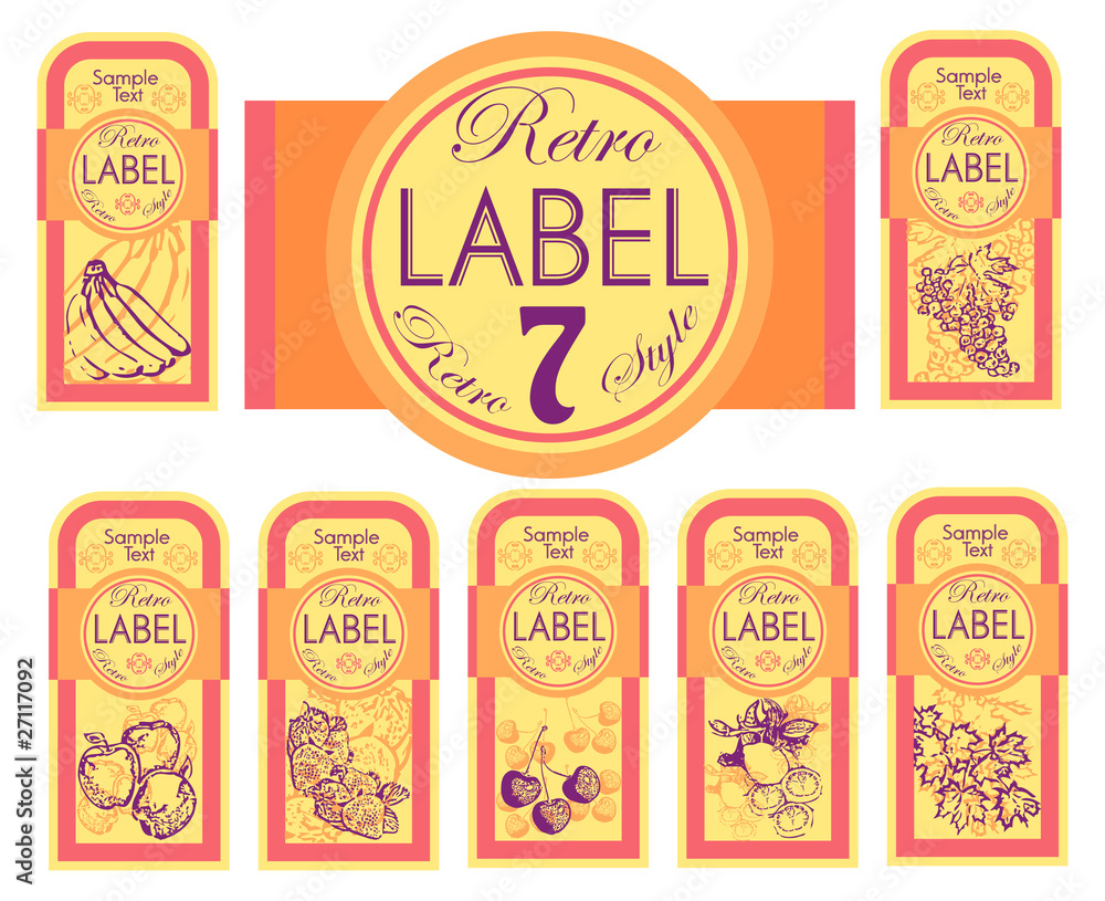 7 labels: Banana, grapes, apple, strawberry, cherry, lemon, mapl