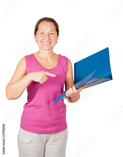 mature woman pointing at documents