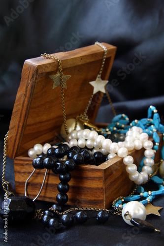Jewelry pearls in a wooden chest