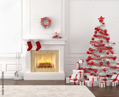 white and red christmas fireplace interior