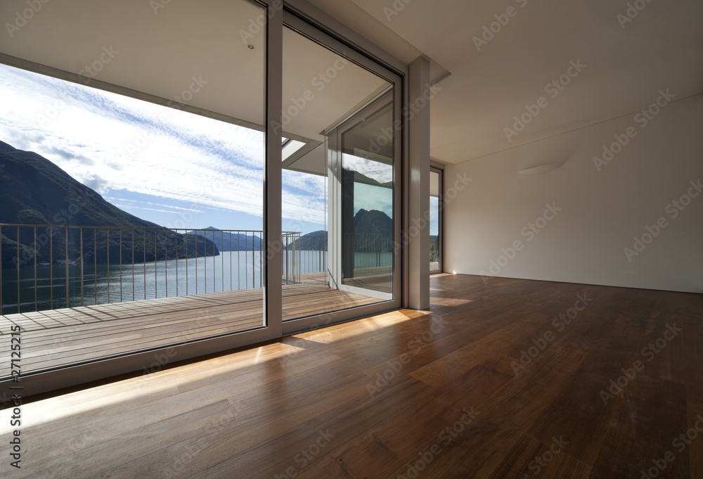 Obraz premium interno di architettura moderna con vista lago