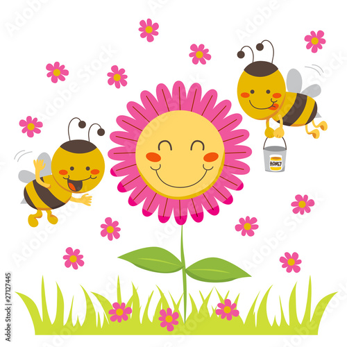 Two cute honey bees flying around a happy flower