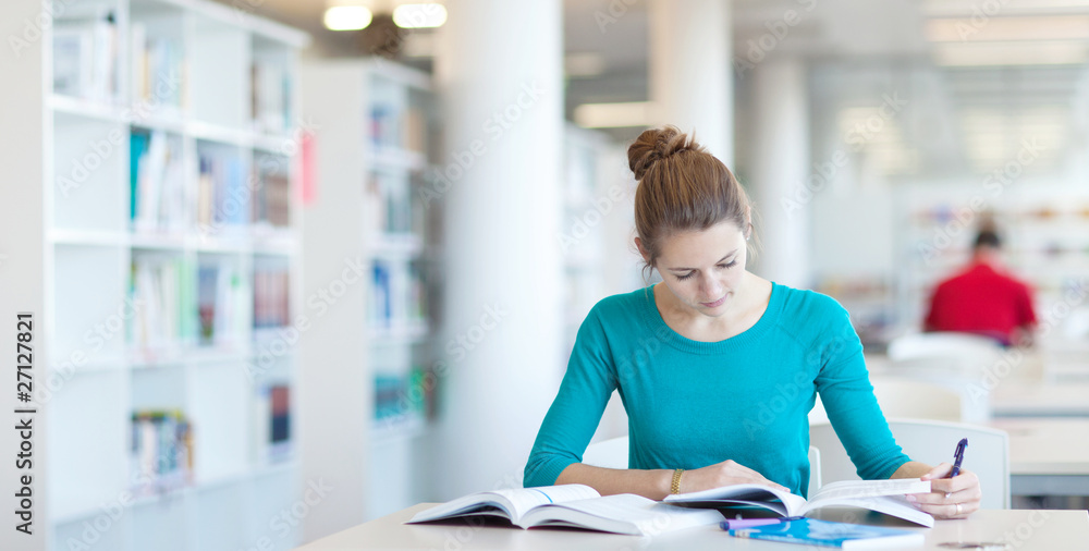 pretty young college student in a library (shallow DOF; color to pretty young college student in a library (shallow DOF; color to