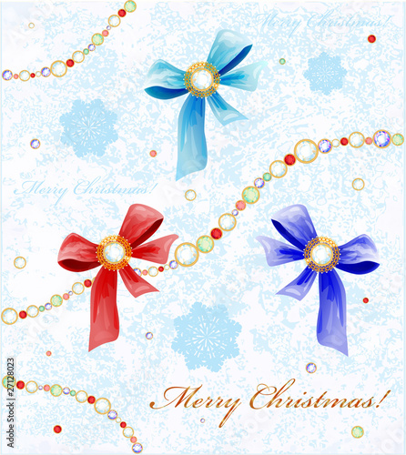Christmas background with diamonds, bows and snowflakes