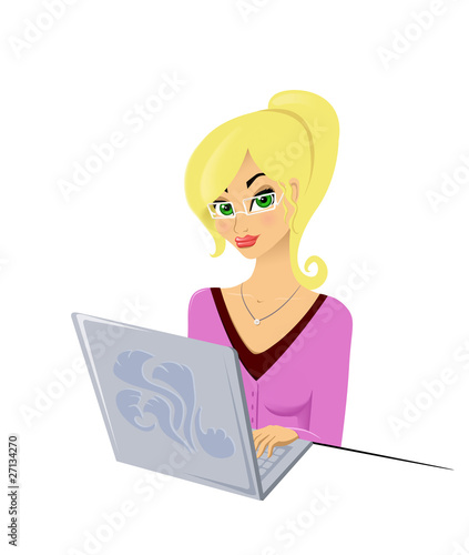 Beautiful girl wearing glasses tipes on a laptop