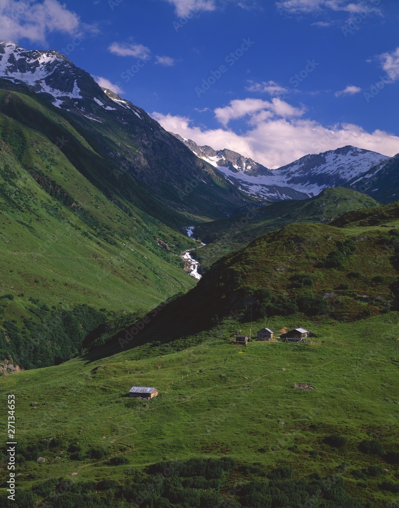 Farm In The Valley With Swiss Alps In Background Farm In The Valley With Swiss Alps In Background