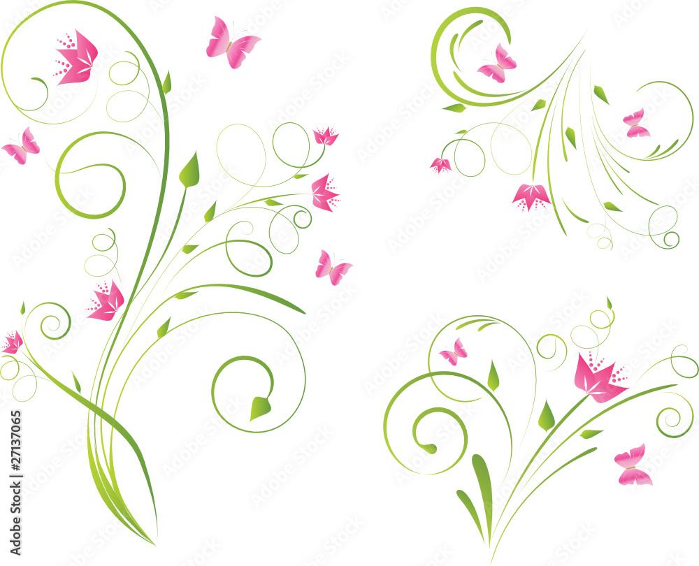 Floral designs with pink flowers and butterflies Floral designs with pink flowers and butterflies