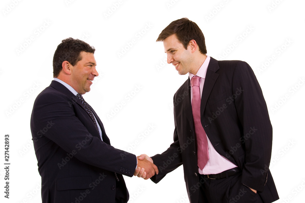 Two happy business man shaking hands over a white background Two happy business man shaking hands over a white background