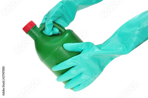 Using Rubber Gloves To Handle Chemical Bottle