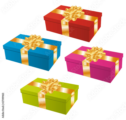 Colorful gifts with golden bow. Icons set.