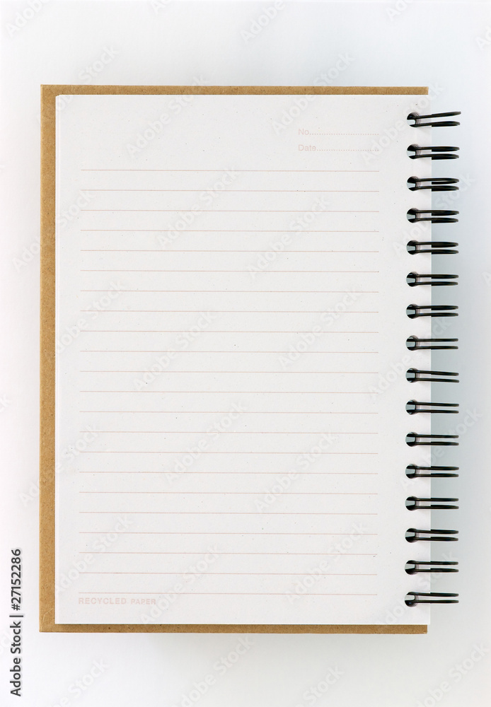 Recycle paper notebook left page on white background Recycle paper notebook left page on white background