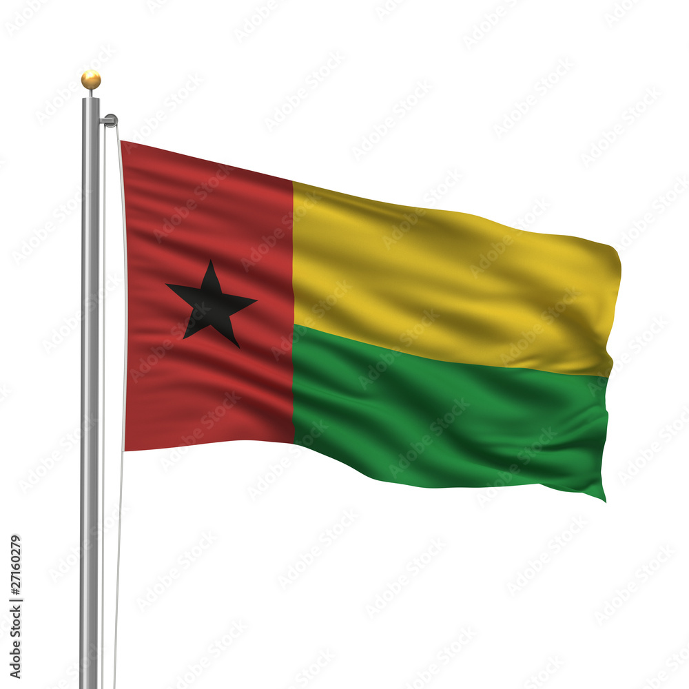 Flag of Guinea-Bissau waving in the wind in front of white Flag of Guinea-Bissau waving in the wind in front of white