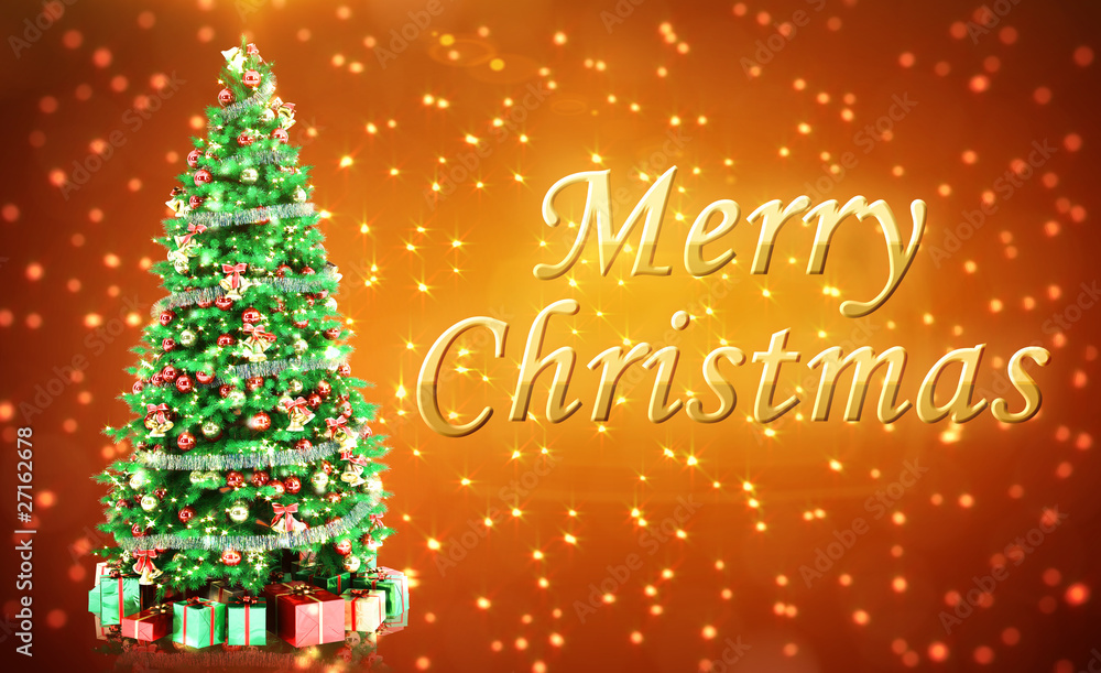 Merry Christmass Postcard with Firtree on Red Background Merry Christmass Postcard with Firtree on Red Background