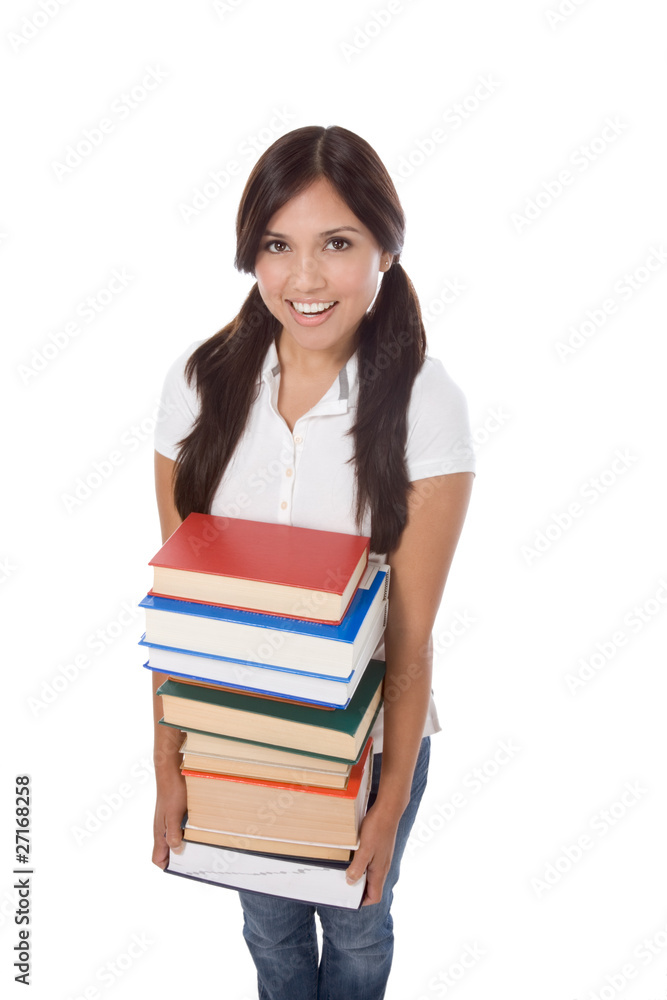 High school schoolgirl student with stack books High school schoolgirl student with stack books