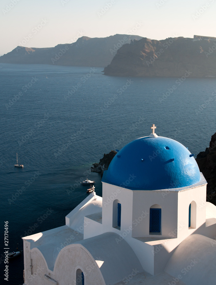 Church with blue dome at Santorini island in Greece.