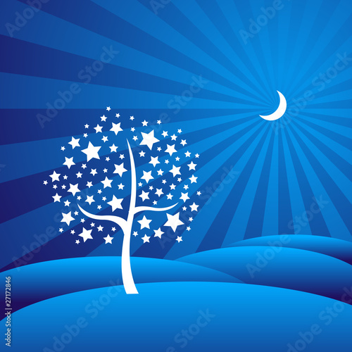 Starry Tree in a Moon-lit Dreamy Landscape (Vector)
