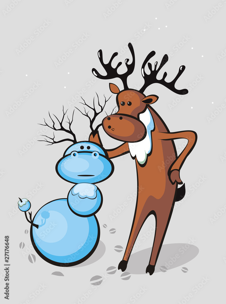 Santa's reindeer resting on a halt and mold snowman Santa's reindeer resting on a halt and mold snowman