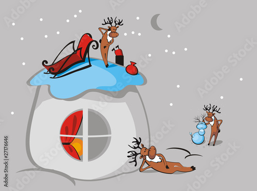 Santa's reindeer resting on a halt and mold snowman