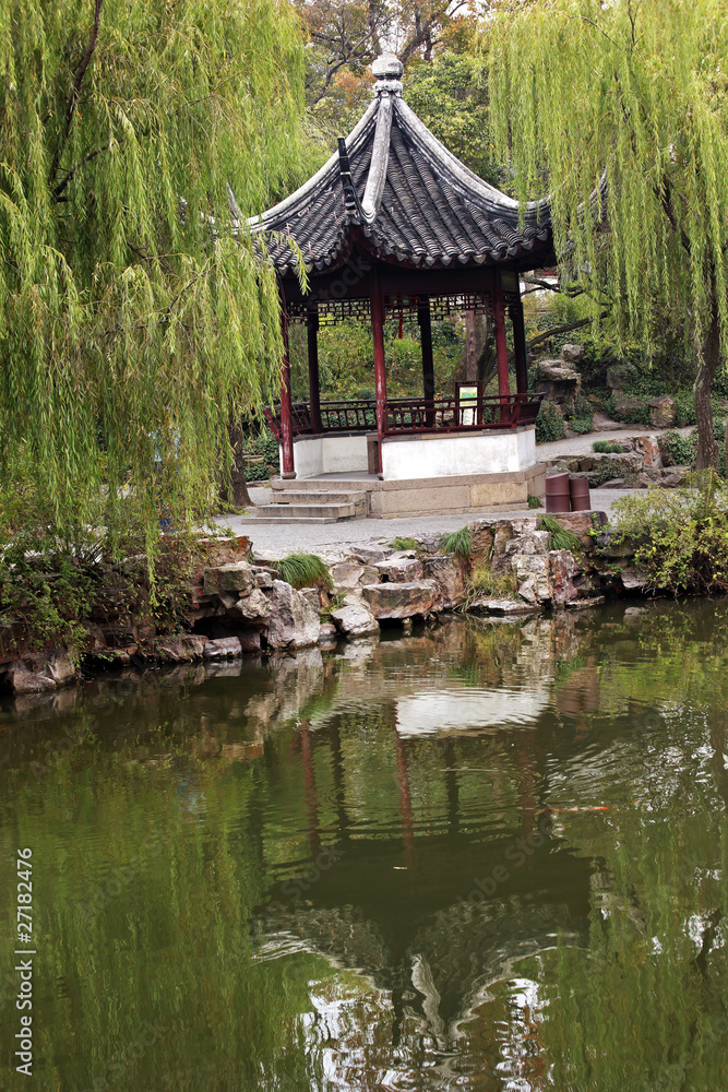 Ancient Chinese Pagoda Reflection Green Willows Garden of the Hu