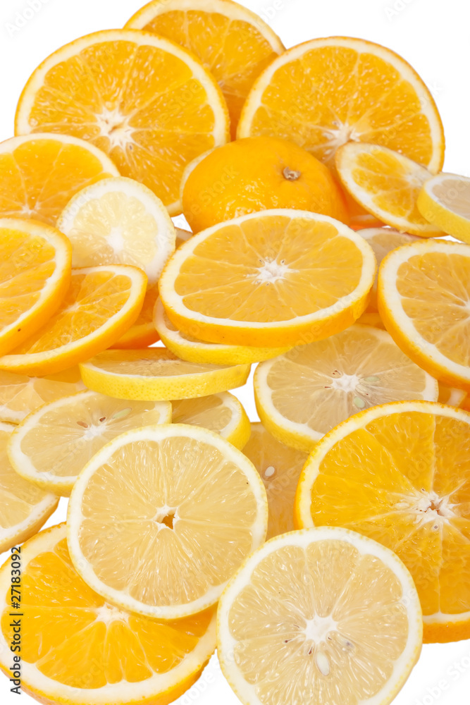 Orange and lemon slices isolated on white background