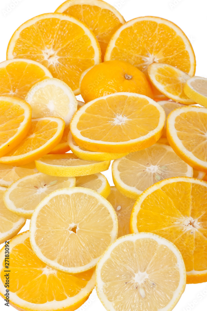 Orange and lemon slices isolated on white background Orange and lemon slices isolated on white background