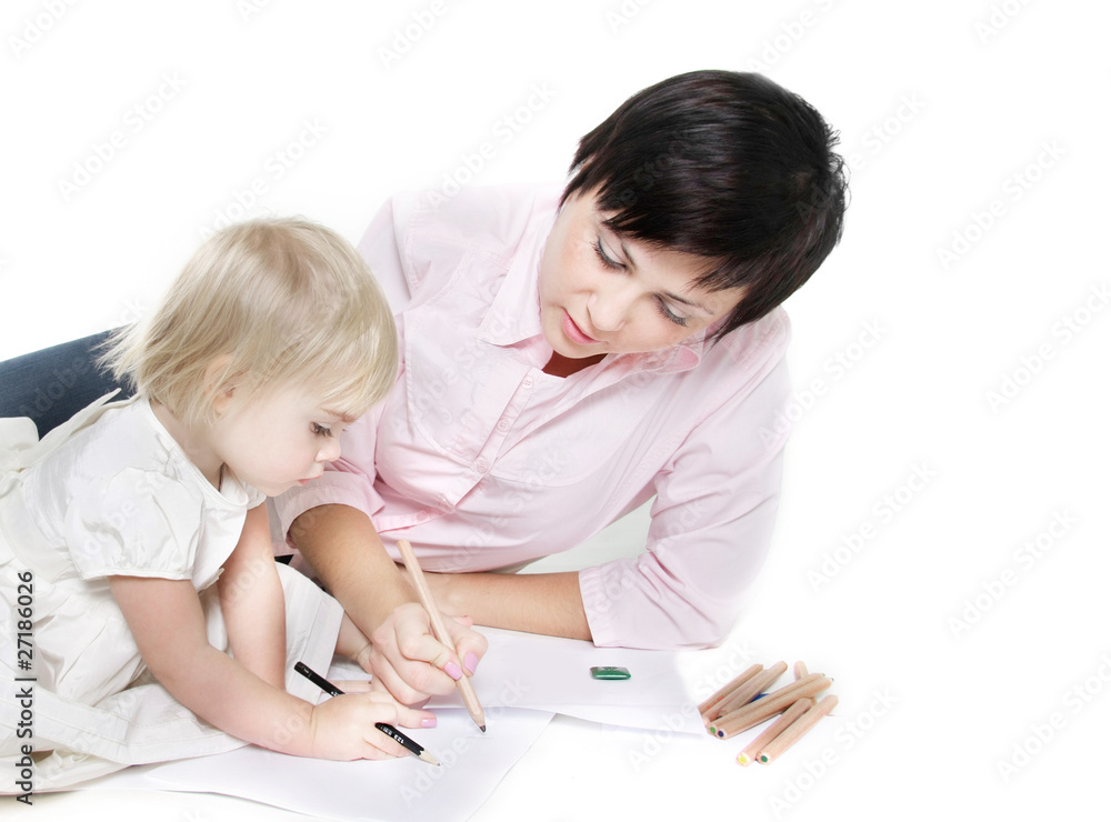 studio shot of mother and child writing over white studio shot of mother and child writing over white