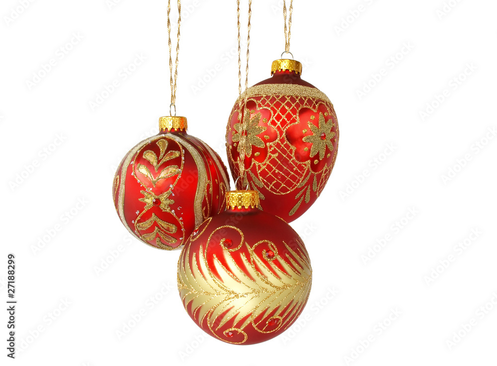 Christmas tree ornaments hanging, isolated on white background