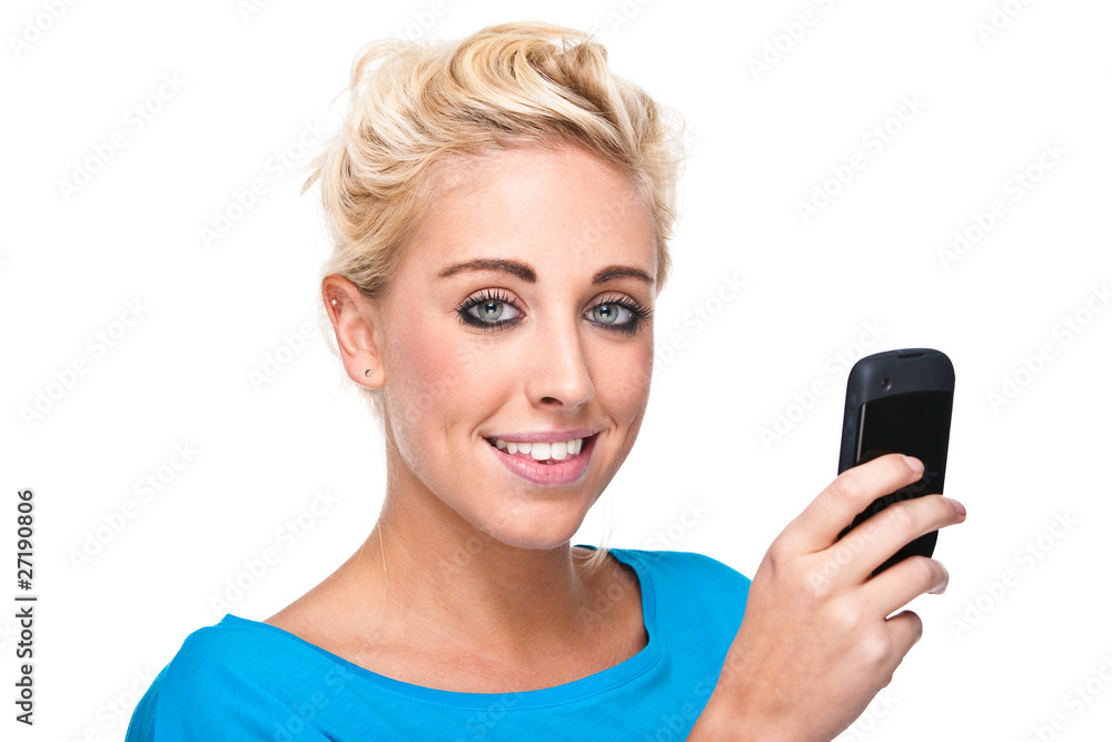 Attractive Woman Holding Mobile Phone Looking at Camera Attractive Woman Holding Mobile Phone Looking at Camera
