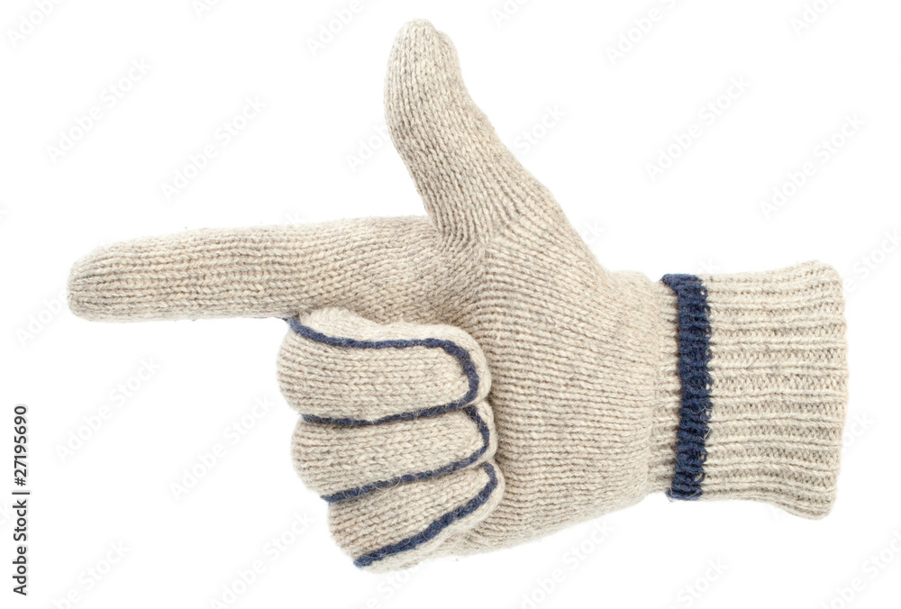Gun gesture made with a knit glove isolated on white Gun gesture made with a knit glove isolated on white