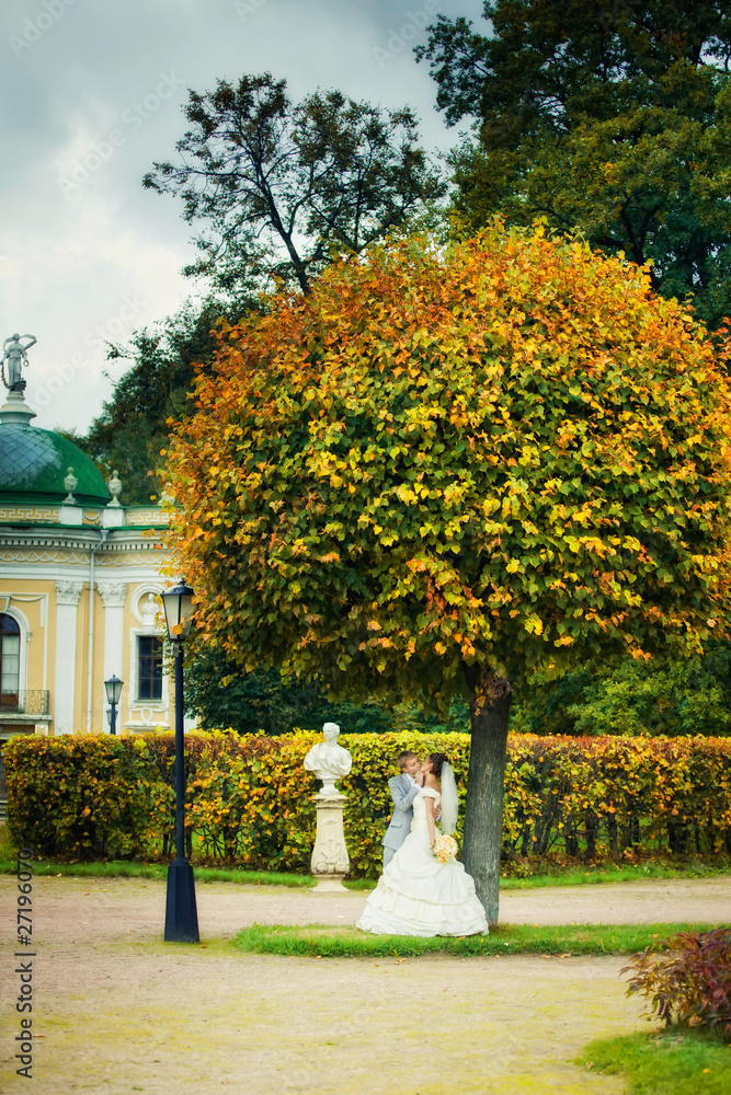 Obraz premium Portrait of newlyweds walking in moscow estate