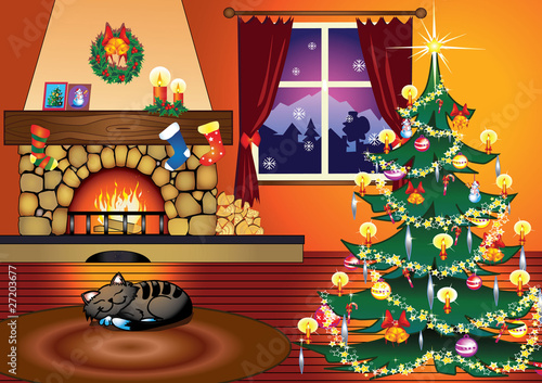 Xma tree in home living room with fireplace.