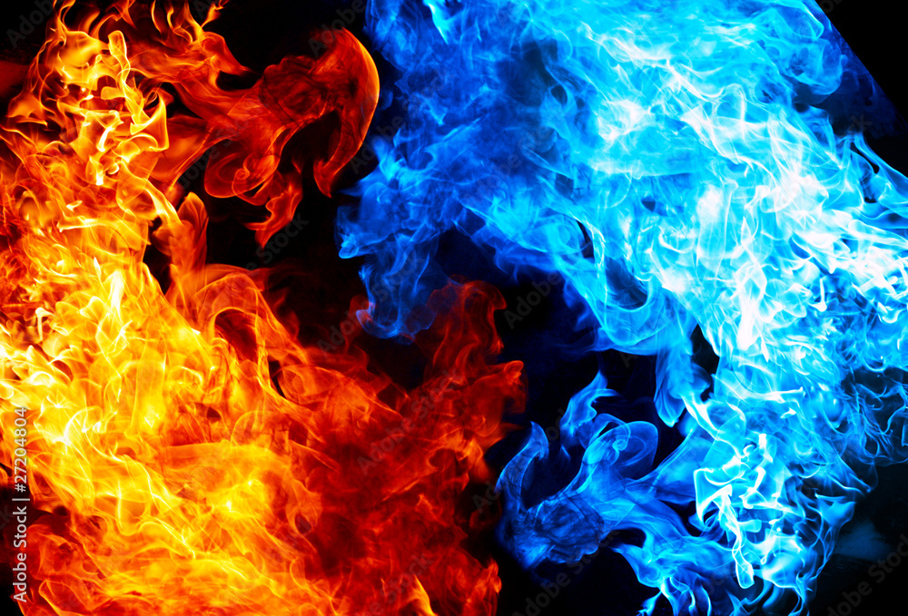 Red and blue fire on balck background - obrazy, fototapety, plakaty 