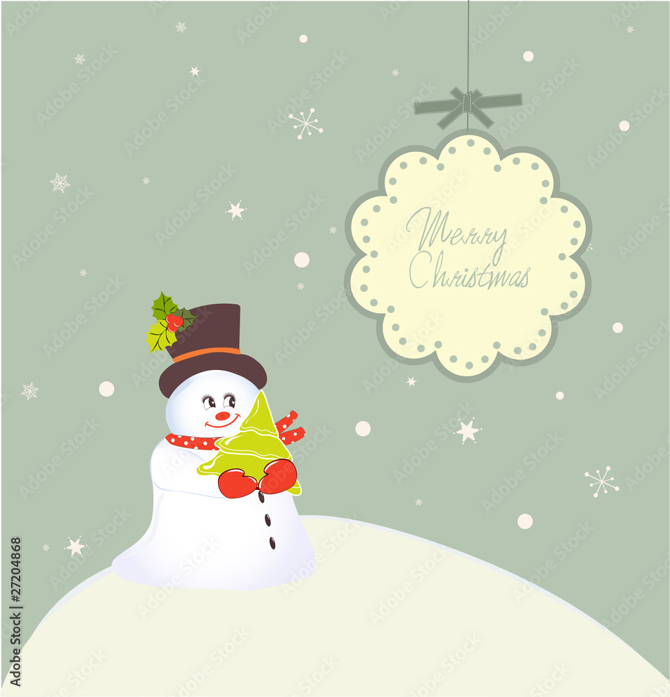 Fototapeta premium whimsical christmas card with cute snowman and banner