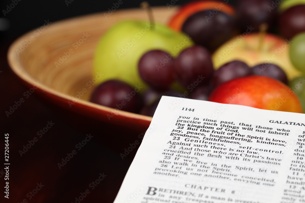 Fototapeta premium Holy Bible open to Galatians 5:22 - Fruit of the Spirit