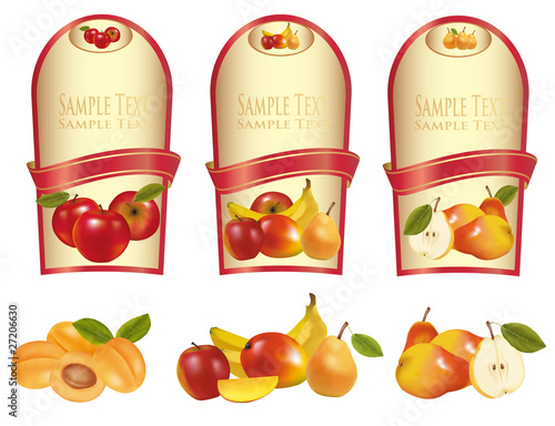 Gold labels with different sorts of fruit. Vector.