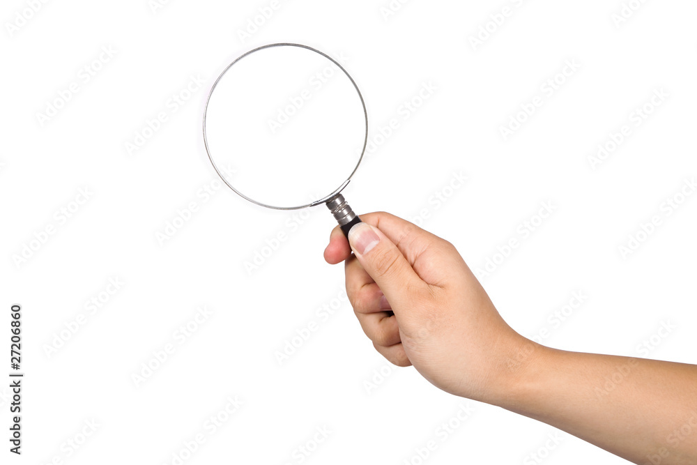 Hand-held magnifying glass in white background Hand-held magnifying glass in white background