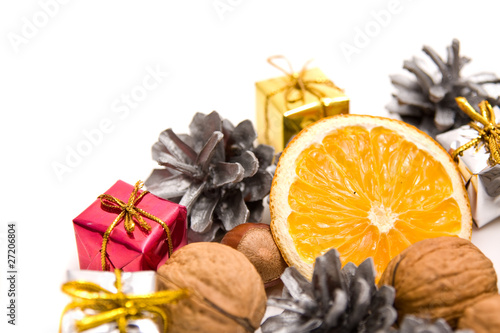 traditional christmas decoration with fruit and nuts