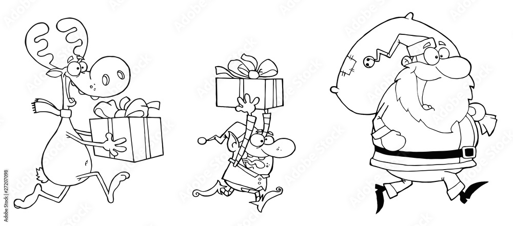 Fototapeta premium Outlined Happy Santa Claus,Elf and Reindeer Runs With Gifts