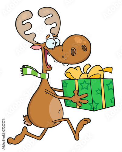 Happy Reindeer Runs With Bag