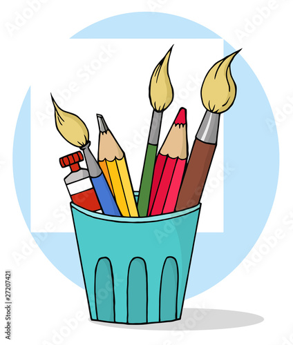 Artist Pot With Pencils And Paintbrushes