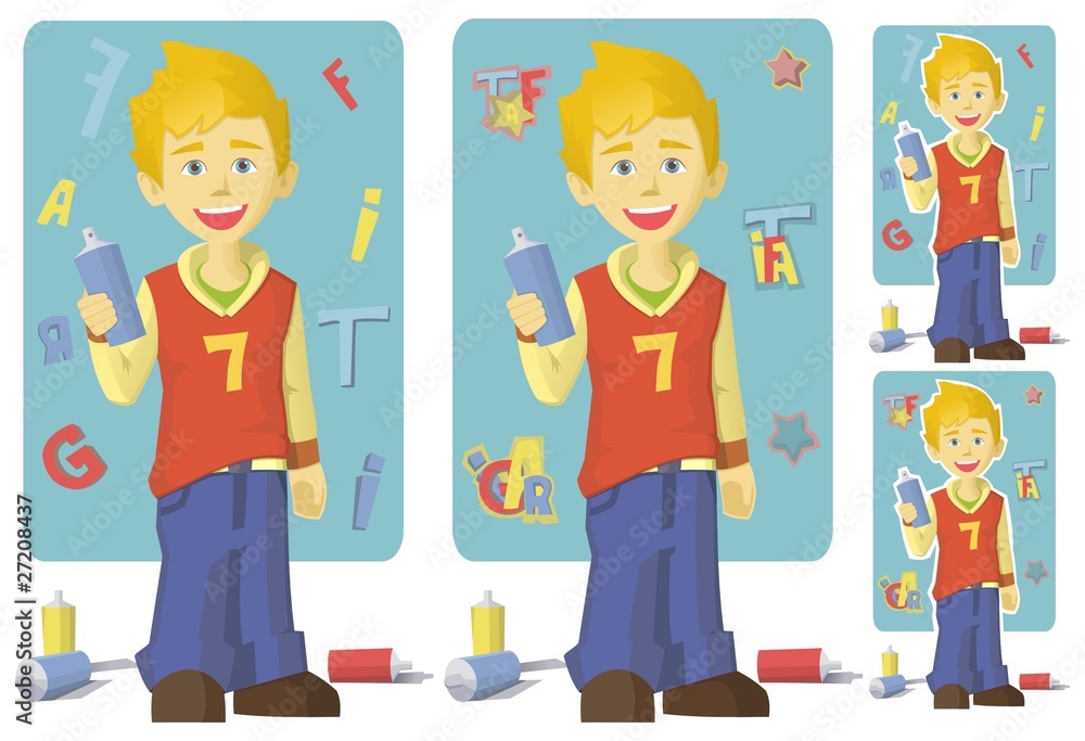 Teenager boy with graffiti can standing on abstract background. Graffiti artist concept. Vector illustration Teenager boy with graffiti can standing on abstract background. Graffiti artist concept. Vector illustration